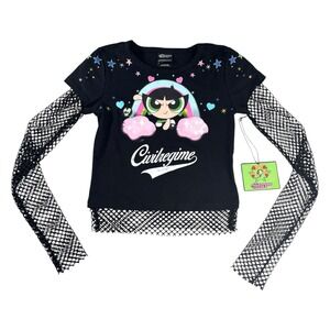 Civil Regime x Powerpuff Girls Buttercup Black Fishnet Layered Crop Top Small